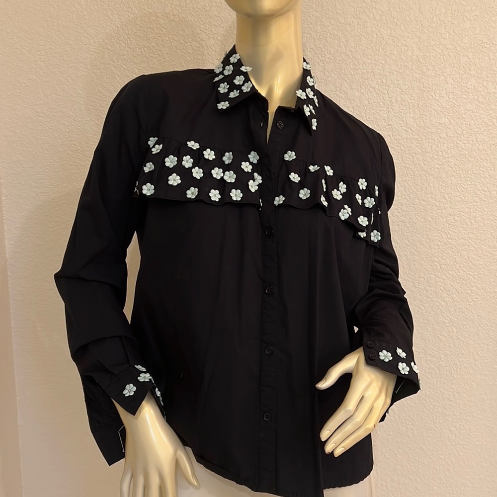 I JOAH - Black Long Sleeve Ruffle Shirt Added Flowers - Size M